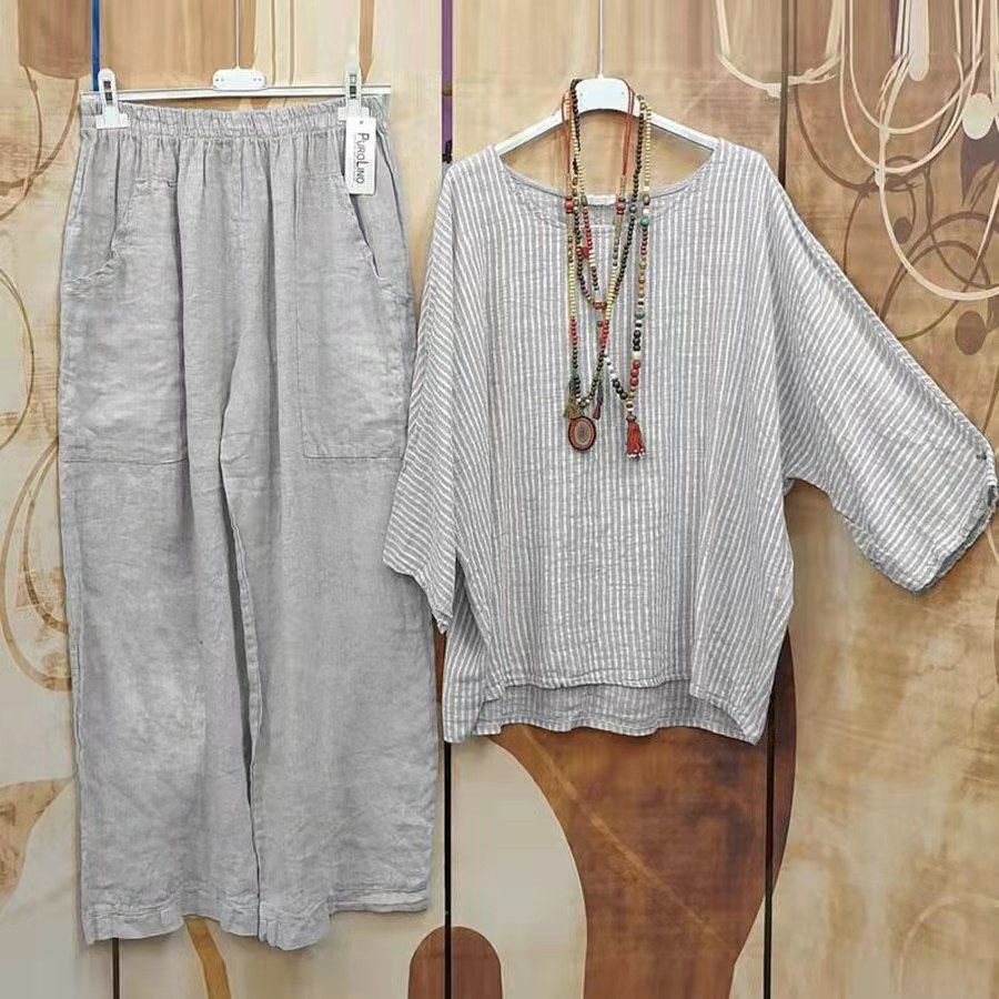 Women's Clothing New Casual Loose Striped Top Solid Color Pocket Pants Suit_ecoleips.com