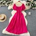 Women's Clothing Hollow Embroidery Square Collar Puff Sleeve Dress Waist Slimming Temperament Holiday Long Dress_ecoleips.com