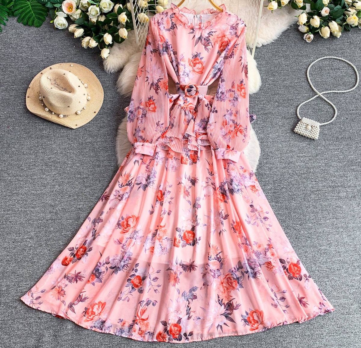 Women's French Style Romantic Floral Print Dress Round Neck Long Sleeved Summer Style Ruffled Waist Slimming Full Skirt_ecoleips.com