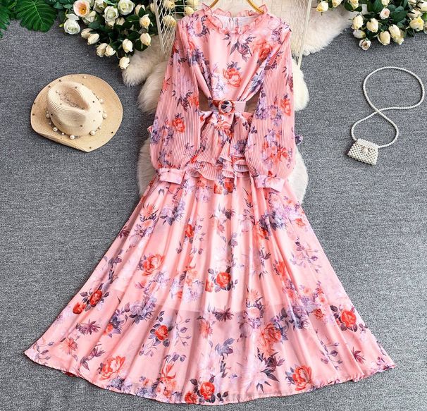 Women's French Style Romantic Floral Print Dress Round Neck Long Sleeved Summer Style Ruffled Waist Slimming Full Skirt_ecoleips.com