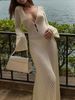 Women Sexy White Crochet Knit Maxi Dress 2026 Summer, Hollow V-Neck Long Sleeve Back Cover-up Dress For Beach Vacation Sun Protection_ecoleips.com
