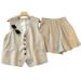 Women's Clothing Retro temperament V neck linen blended sleeveless vest vest high waist casual shorts _ecoleips.com