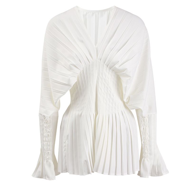 Women's Clothing Pleated Waist-Defined White Blouse For Women – Elegant V-Neck Bell Sleeve Tunic Top With Casual Chic Style_ecoleips.com