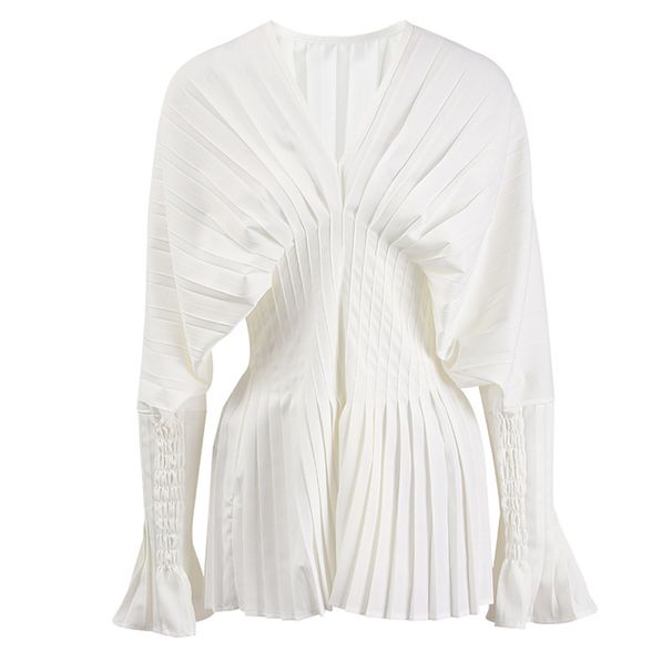 Women's Clothing Pleated Waist-Defined White Blouse For Women – Elegant V-Neck Bell Sleeve Tunic Top With Casual Chic Style_ecoleips.com