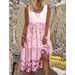 European And American Cross-Border Women's Summer Printed Strap Pink Loose Waist Mid-Size Plus Size Long Dress For Women_ecoleips.com