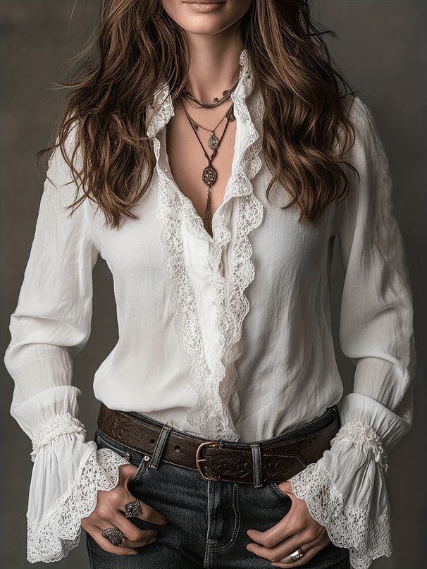 Women's Clothing American Style Lace Shirt Spring Summer New Spliced Thin Blouse Long Sleeve Elegant Top_ecoleips.com