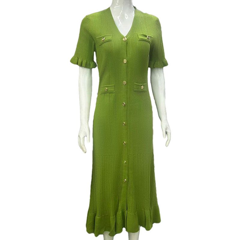 Women's Clothing Autumn And Winter Celebrity Long Sleeve Hem Long Skirt Single Breasted Fishtail Knitted Dress_ecoleips.com