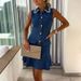 New Office Lapel Collar Solid Denim Dress Fashion Diamond Splicing Slim Party Dress Sexy Sleeveless Single Breasted Vest Dresses_ecoleips.com