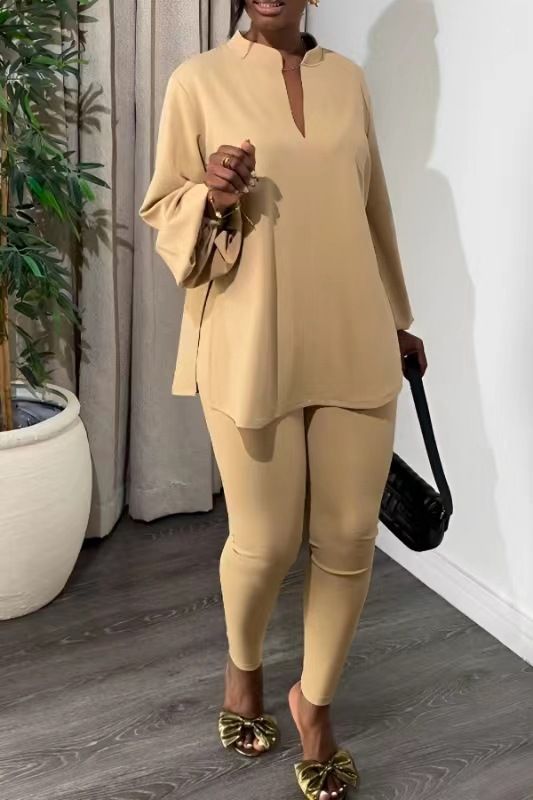 Solid Color And Multi-Color Split V-Neck Top Leggings Knitted Two Piece Set New Cross Border Stylish And Elegant_ecoleips.com