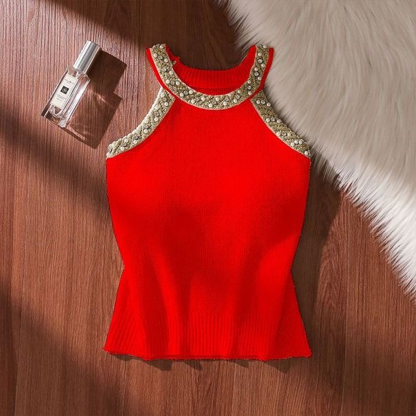 Womens Summer Crochet Sleeveless Sweater Vest Round Neck Pearl Gold Korean Fashion Knit Tank Tops Casual Loose Cami Tops_ecoleips.com