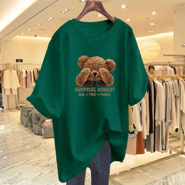 Women's Clothing Pure Cotton Bear Print T Shirt Short Sleeved Loose Versatile Tops_ecoleips.com