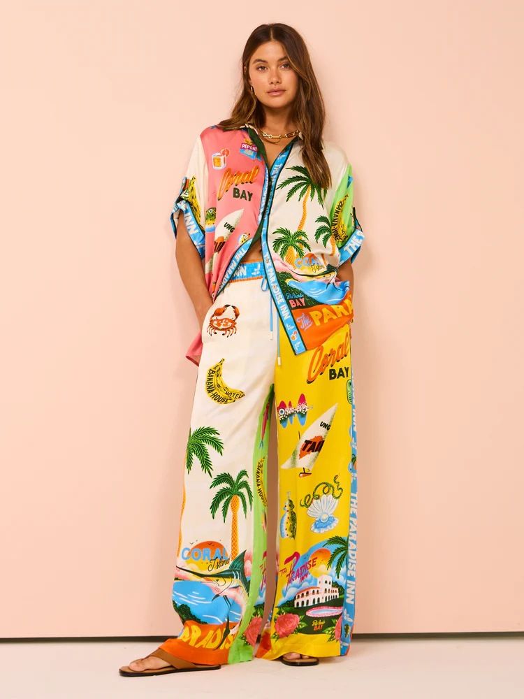 Women's clothing fashion personality printed short-sleeved color matching holiday leisure tether suit_ecoleips.com