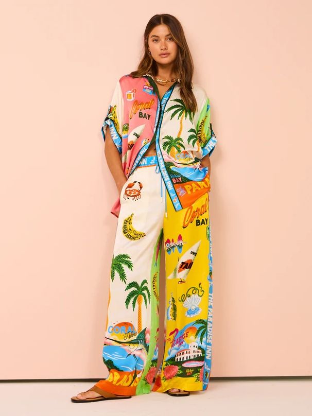 Women's clothing fashion personality printed short-sleeved color matching holiday leisure tether suit_ecoleips.com