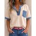 Women's V Neck Short Sleeve Casual Loose Top Patchwork Independent Website New European And American Style Summer Top_ecoleips.com