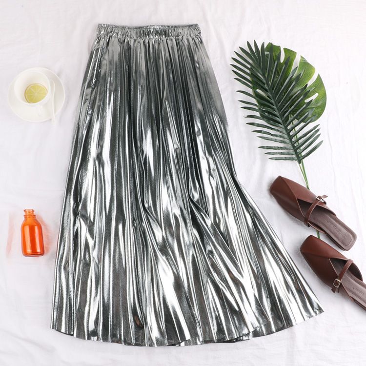 Verve Half 2025 Spring New Korean Style Metallic Reflective Fabric Pleated Mid-Length A-Line Skirt For Women Autumn Winter_ecoleips.com
