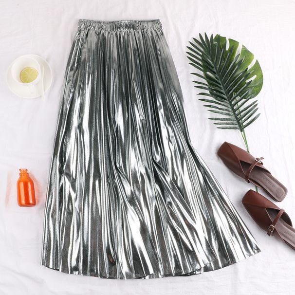 Verve Half 2025 Spring New Korean Style Metallic Reflective Fabric Pleated Mid-Length A-Line Skirt For Women Autumn Winter_ecoleips.com