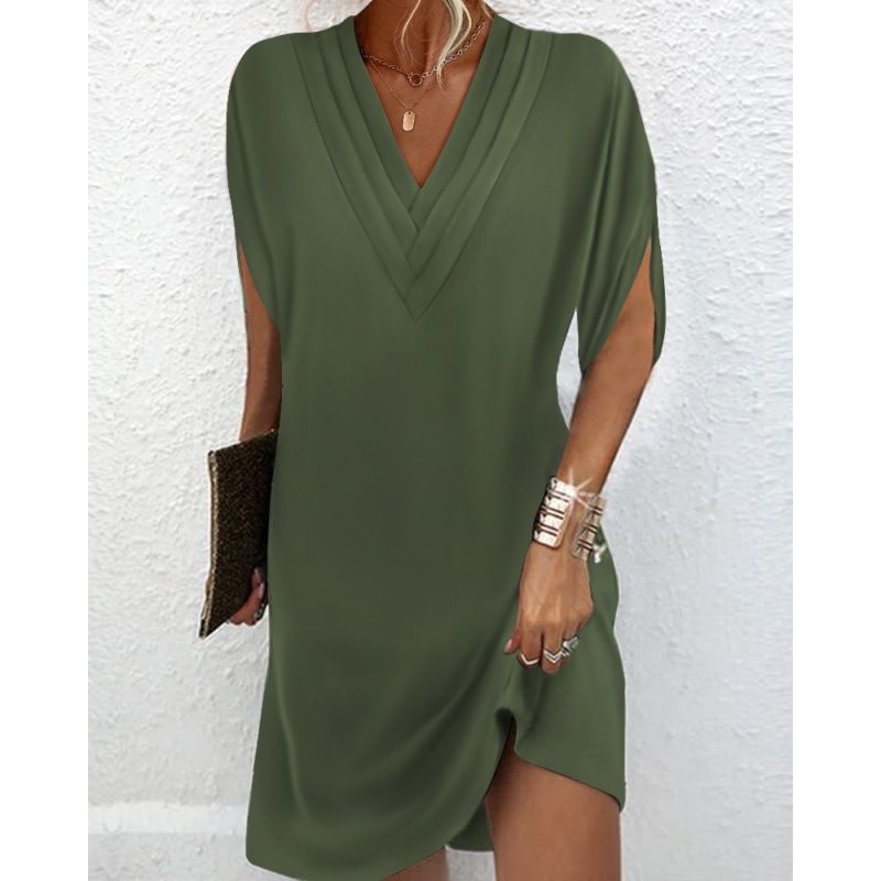 2026 Women's Spring Summer V-Neck Pressed Bat Sleeve Dress_ecoleips.com