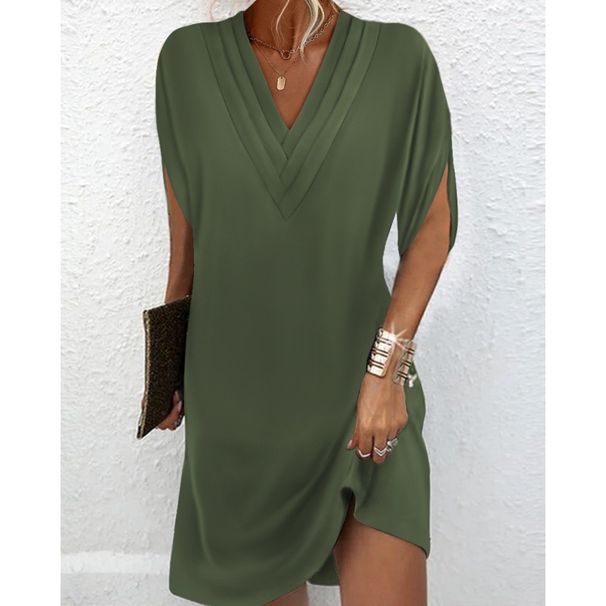 2026 Women's Spring Summer V-Neck Pressed Bat Sleeve Dress_ecoleips.com