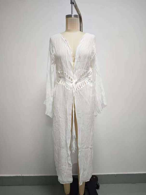 Elegant Beach Cover-Up Kimono - Long Sleeve Lace Open Front Dress For Swimwear, Resort, And Vacation - White Boho Chic Cotton Blend_ecoleips.com