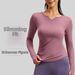 Women's V Neck Long Sleeve Yoga Top Nude Color Pleated Slimming Waist Fitness And Sports Tight Fit Clothing_ecoleips.com