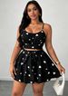 Curvy Heart Print Two Piece Set, Shirred Back Bow Tie A-Line Skirt For Beach Festival Party_ecoleips.com