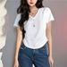 Women's Clothing Chic Chain V Neck Short Sleeved T-Shirt For Women Designed Slimming Pleated Waist Cinching Summer Style Base Layer Top_ecoleips.com