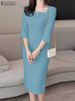 ZANZEA Elegant Women Slim Knee-length Dress Fashion Square Neck 3/4 Sleeve Seamed Party Vestidos Casual Commute Solid Short Robe_ecoleips.com