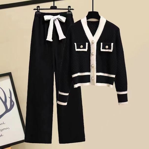 Spring 2027 Fashion European-USA Style Women V-Neck Splicing Single-reasted Long Sleeve Sweater + High Waist Wide Leg Pants Casual Two Piece Suit_ecoleips.com