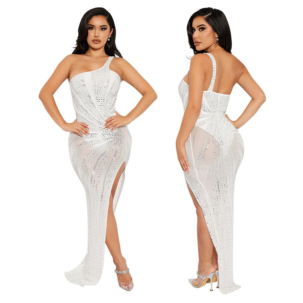 Women's Clothing hip-hugging skirt slanted shoulders sexy see-through hot diamond evening dress _ecoleips.com