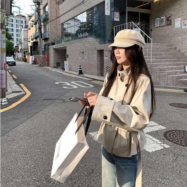 ng2510292 Early Korean-style Women's Short Trench Coat, British-style Stand-up Collar, Waist-cinching, High-end Korean Casual_ecoleips.com