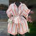 K Women's New Fashionable Lapel Striped Short Sleeved Shirt With Lace Up Wide Leg Shorts Set. No Glasses, Bags, Or Other Accessories_ecoleips.com