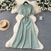 Women's Clothing Knit Dress – Spring Pearl-Embellished Round Neck A-Line Midi Dress (Beige/Green/Black, One Size Fits Most)_ecoleips.com