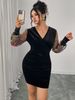 Women's Clothing Plus Size Clothes "Sleek V-Neck Velvet Bodycon Dress High Waist Long Sleeve Printed Dress, Elegant & Sexy Fit"_ecoleips.com