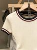 Women's Color Blocked Striped Patchwork T-Shirt Short Sleeve Pleated Waist Slimming Top Spring/Summer Style Sweet And Spicy_ecoleips.com