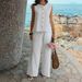 Women's Elegant Simple Round Neck Button Down Top Set European American Style Spring Summer_ecoleips.com