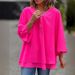 Women's Clothing Neck Three Quarter Sleeve Casual Chiffon Top Metal Zipper Loose Casual Top_ecoleips.com