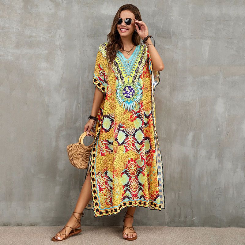 Women's Clothing Blue Bottom Flower Loose Beach Robe Seaside Holiday Sun Protection Dress Bikini Swimsuit Blouse_ecoleips.com