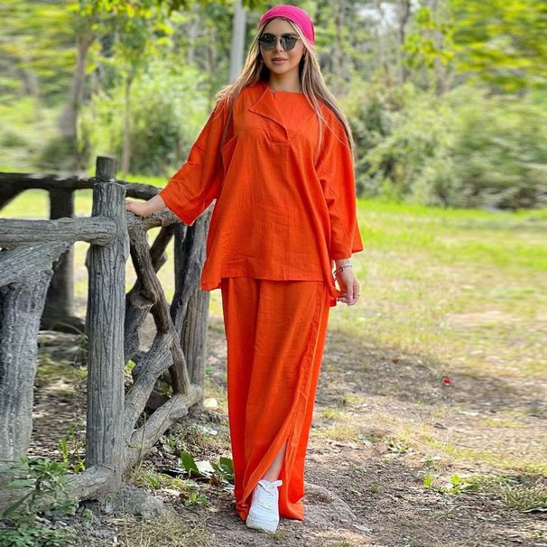 Women's Clothing Fashion Loose Long Sleeved Shirt Split Wide Leg Trousers Suit_ecoleips.com