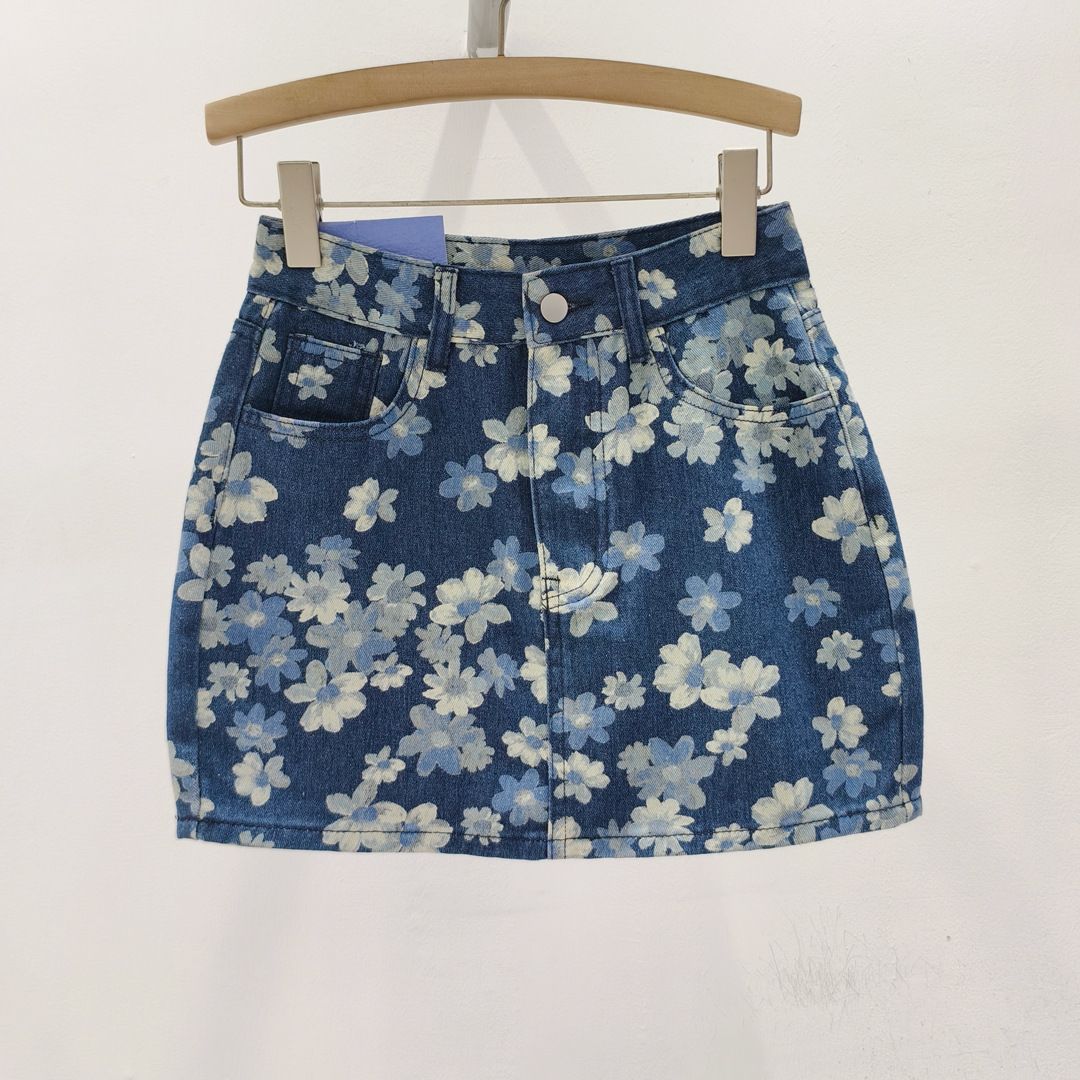 Women's Clothing Blue Printed Denim Skirt For Women, New Summer Style, High Waist, Slimming, Anti Exposure Floral A Line Hip Short Skirt_ecoleips.com