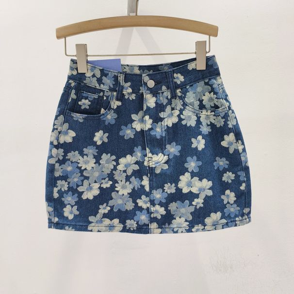 Women's Clothing Blue Printed Denim Skirt For Women, New Summer Style, High Waist, Slimming, Anti Exposure Floral A Line Hip Short Skirt_ecoleips.com
