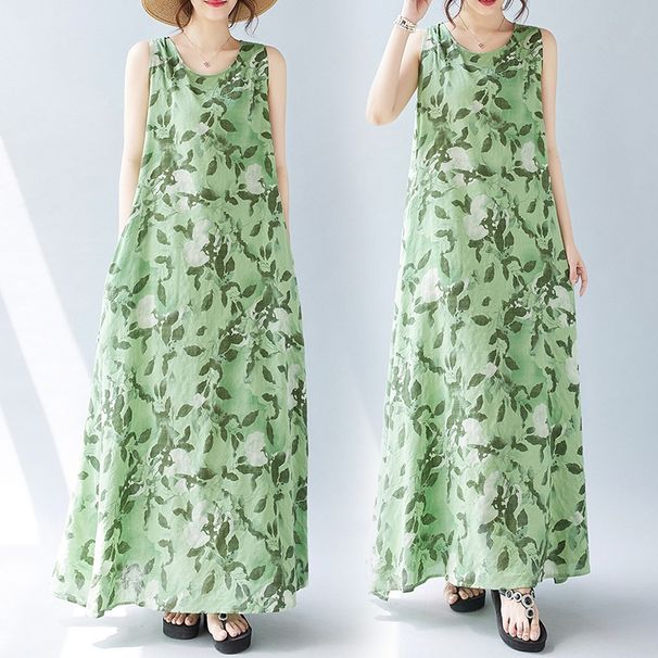 Real Shot Of The 2024 Summer New Bohemian Plus-size Sleeveless Round-neck Printed Mid-length Dress For Women_ecoleips.com
