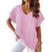 Women's V Neck Short Sleeve T-Shirt Solid Color Cotton Linen Blend Spring Summer Casual Wear Bat Style_ecoleips.com