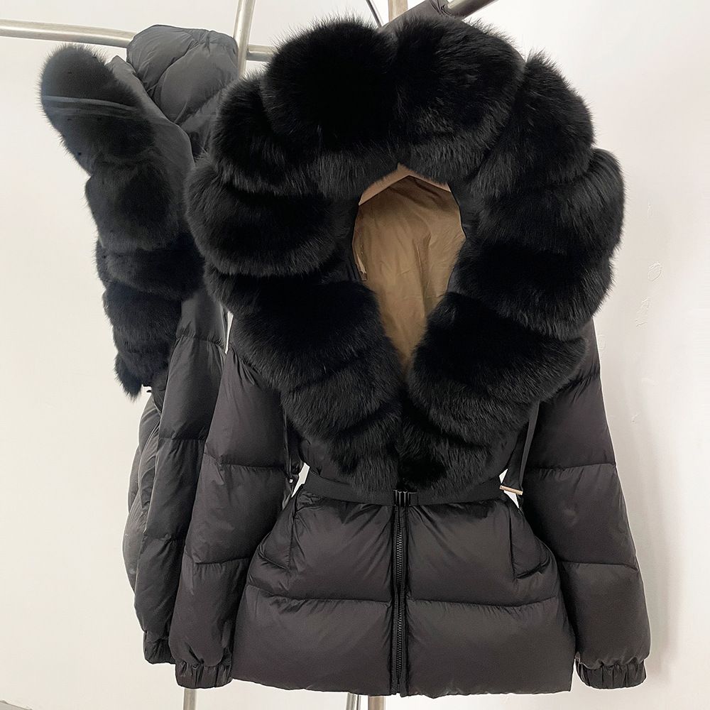Elegant Women's Down Jacket With Fox Fur Trim, Waist-Cinching Long Coat, Warm Winter Parka, Korean Style Luxury Outerwear_ecoleips.com