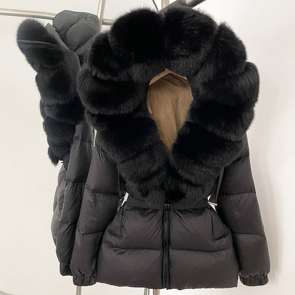 Elegant Women's Down Jacket With Fox Fur Trim, Waist-Cinching Long Coat, Warm Winter Parka, Korean Style Luxury Outerwear_ecoleips.com