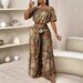 Chappesley Vintage Print Two Piece Set for Women off Shoulder Puff Sleeve Crop Top High Waisted Wide Leg Pants Drawstring_ecoleips.com
