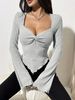 Women's Square Collar T-shirt With Bell Sleeves Knotted Hem Texture Long Sleeve Short Style Ribbed Knit Top_ecoleips.com
