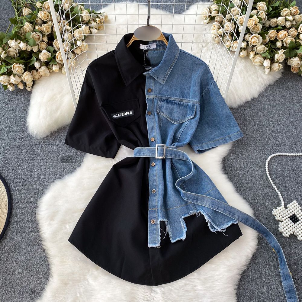 Women’s Clothing Contrast Color Lapel Waist Slimming A Line Single Breasted Shirt Denim Dress Women's Medium Length Irregular T Shirt Skirt_ecoleips.com