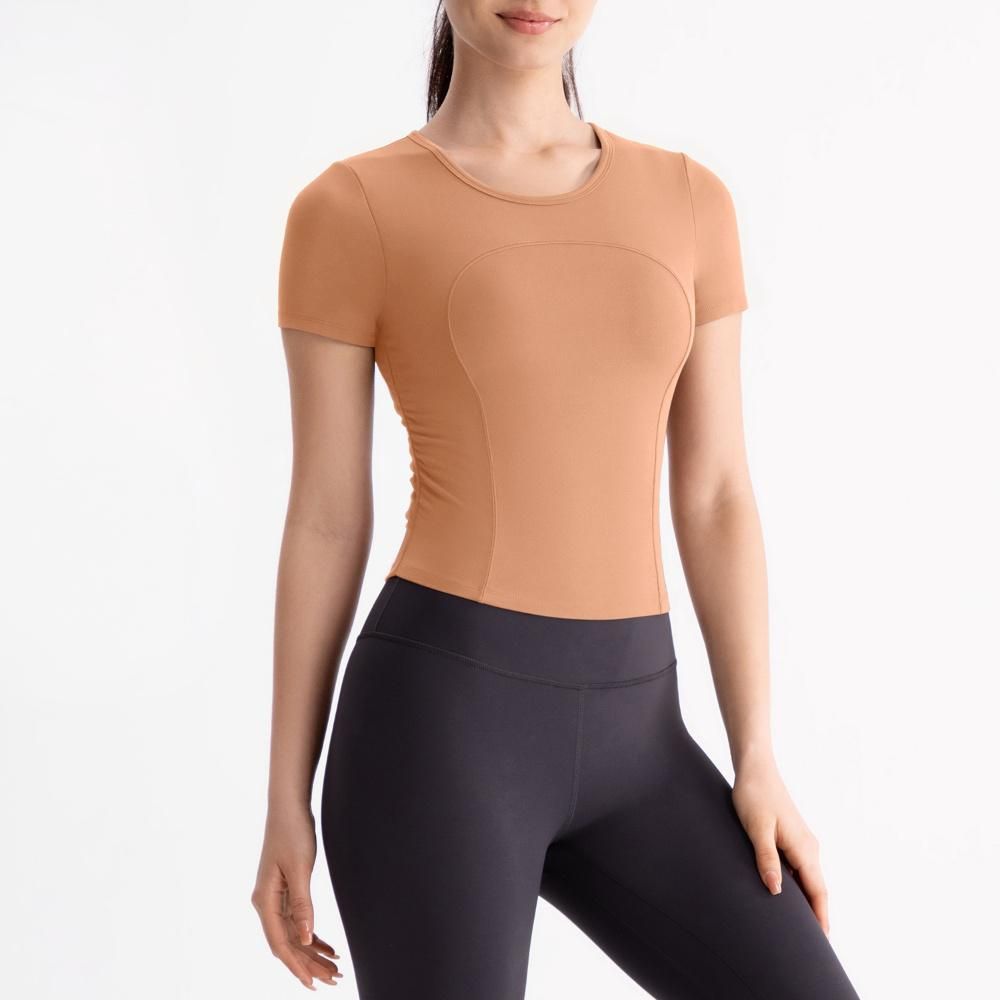 Women's Clothing Yoga Wear Short Sleeved Women's With Chest Pad Pleated Slim Fit Sports Fitness Tops T Shirt_ecoleips.com