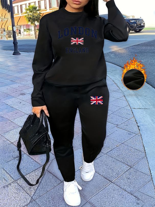 Women's Autumn And Winter Hip-hop Casual Street London Pattern Printed Round Neck Sweatshirt+sweatpants Set-490_ecoleips.com