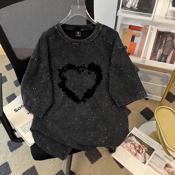 Women's Washed Distressed Short Sleeved Starry Sky Minimalist Trendy Cotton T-Shirt Loose Fit Retro Design_ecoleips.com